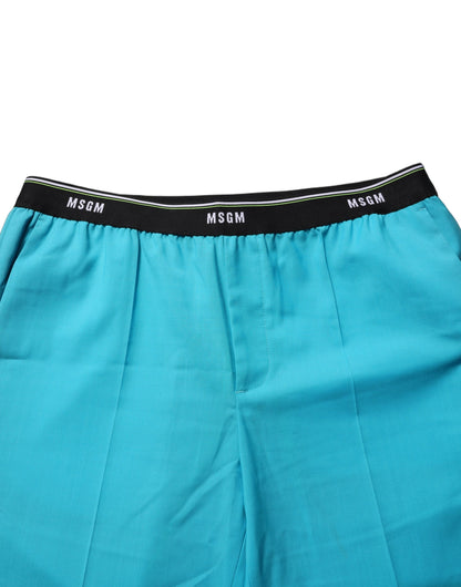 Blue Wool Mid Waist Tapered Women Trouser Pants
