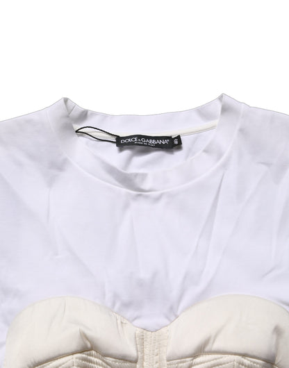 White Bustier Short Sleeve CrewNeck Cropped Top