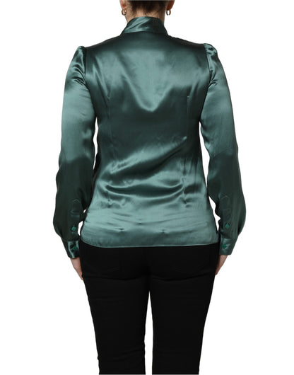 Dark Green Silk Satin Blouse Neck Tie Top