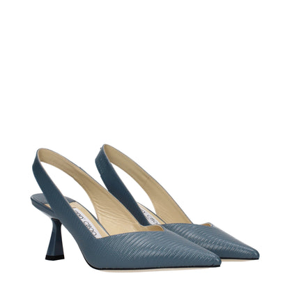 Blue Leather Mid Heel Pumps