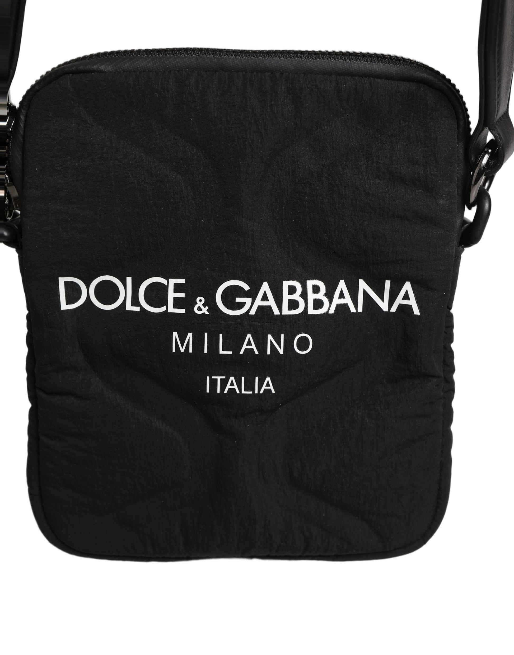 Black Nylon Rubberized Logo Print Crossbody Borse Bag