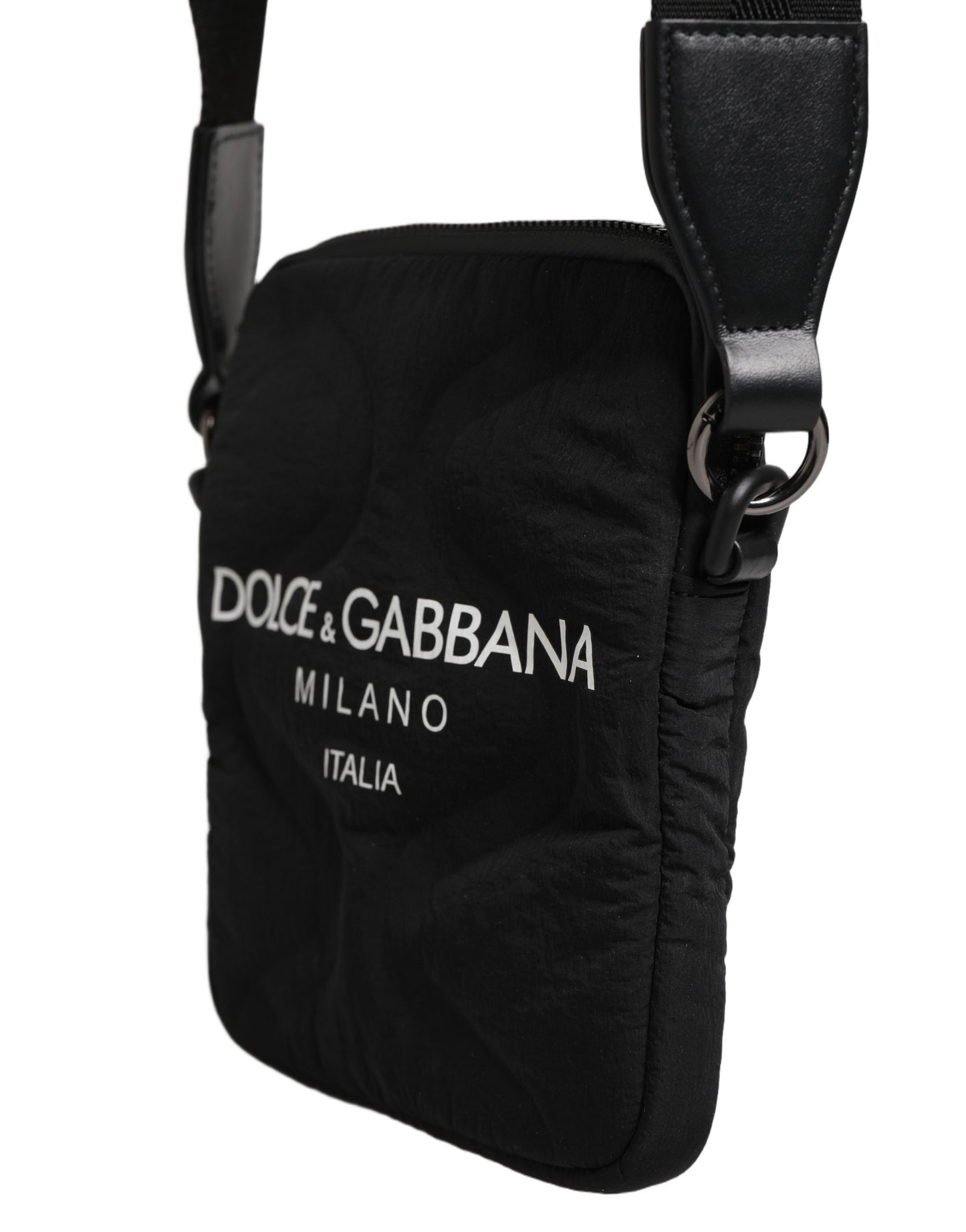 Black Nylon Rubberized Logo Print Crossbody Borse Bag