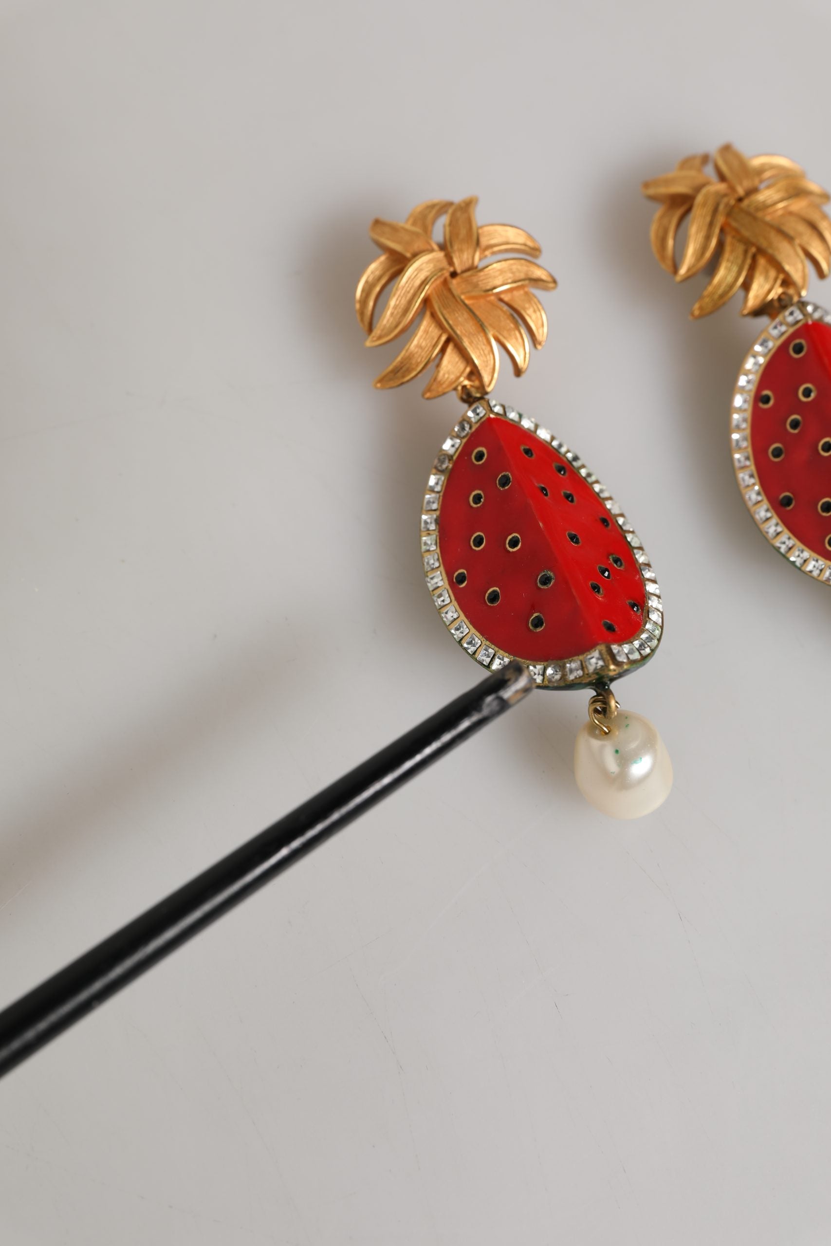 Red Watermelon Gold Brass Crystal Clip Dangling Earrings