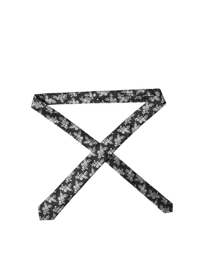 Black White Floral Silk Adjustable Men Tied Necktie Tie