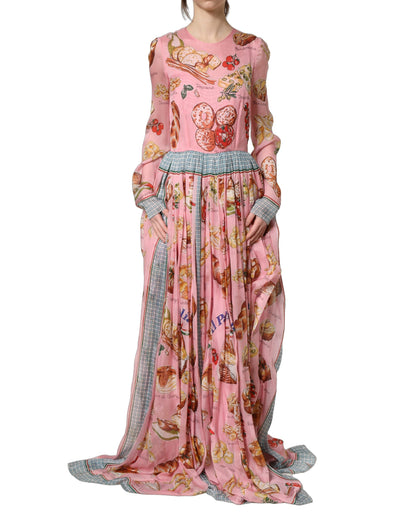 Light Pink Bread Print Pleated Maxi Dress
