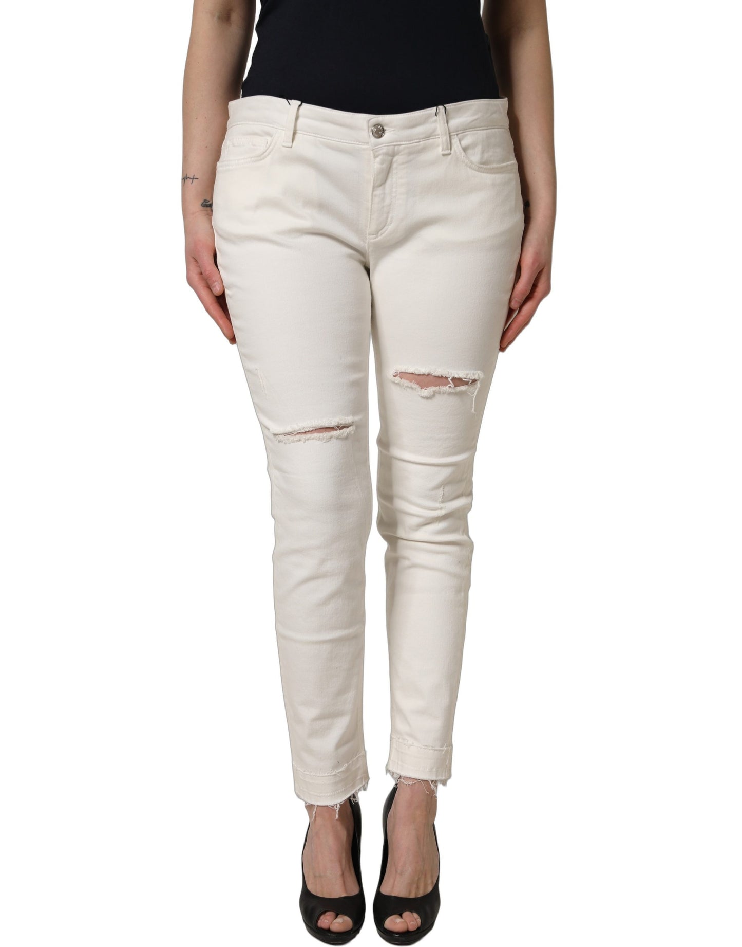 White Tattered Skinny Cotton Denim Jeans