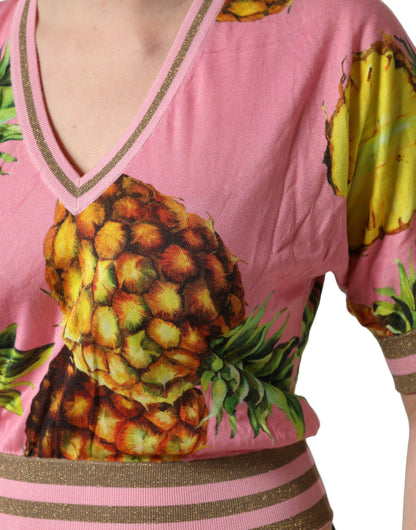 Pink Pineapple Vneck Short Sleeve Cropped Top