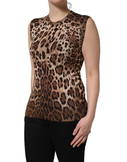 Brown Leopard Crew Neck Sleeveless Tank Top