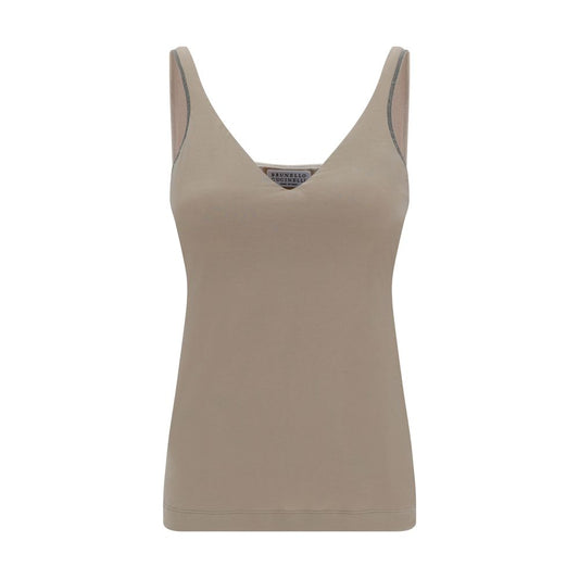 Beige Cotton Sleeveles T-Shirt
