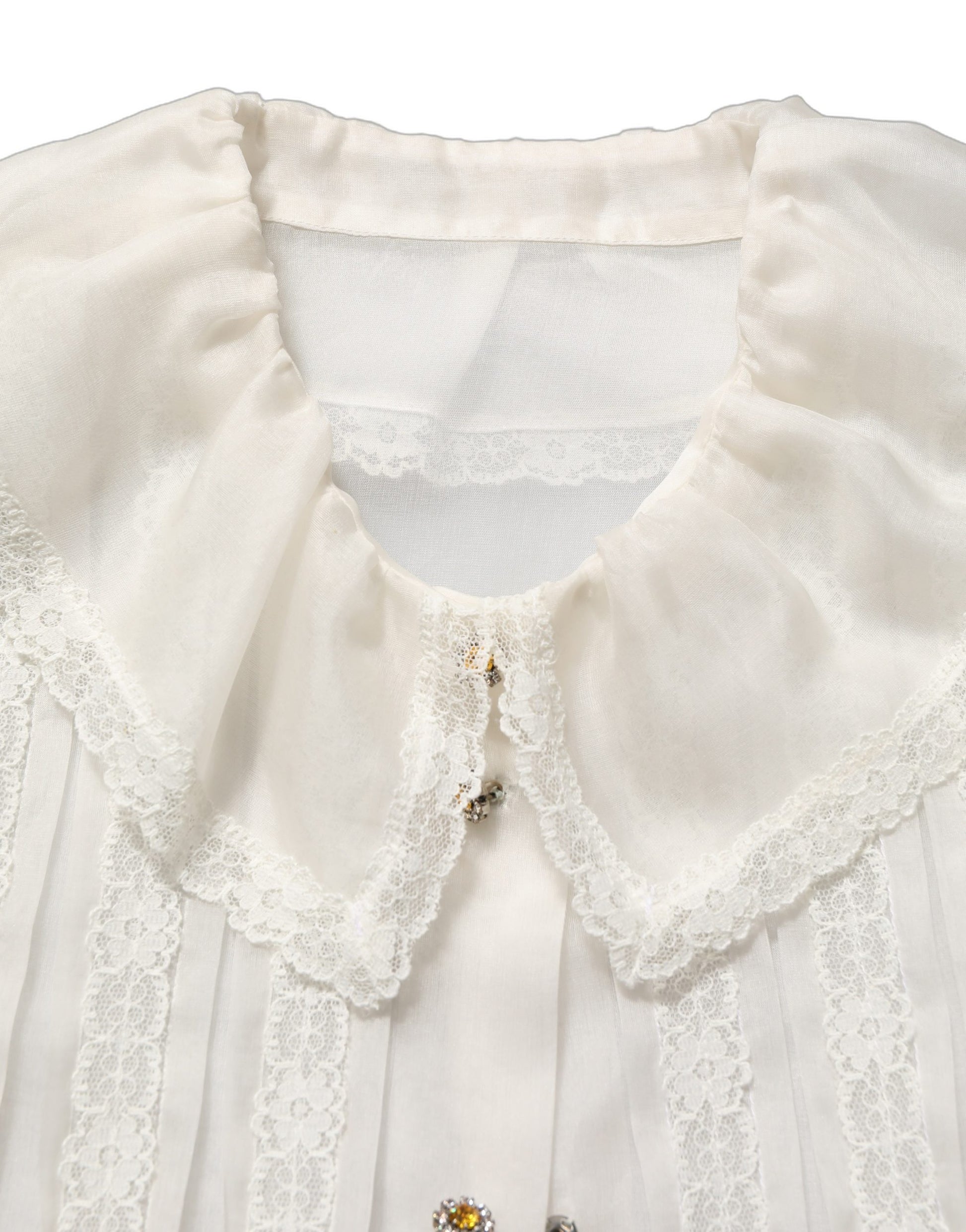 White Ruffled Sheer Silk Buttoned Blouse Top