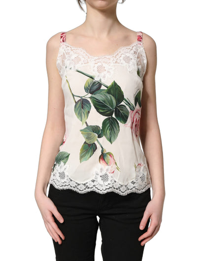 White Rose Print Lace Silk Camisole Tank Top
