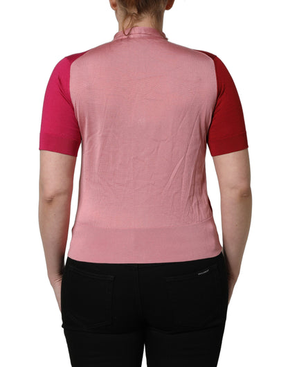 Pink Short Sleeves Buttoned Ascot Collar Top