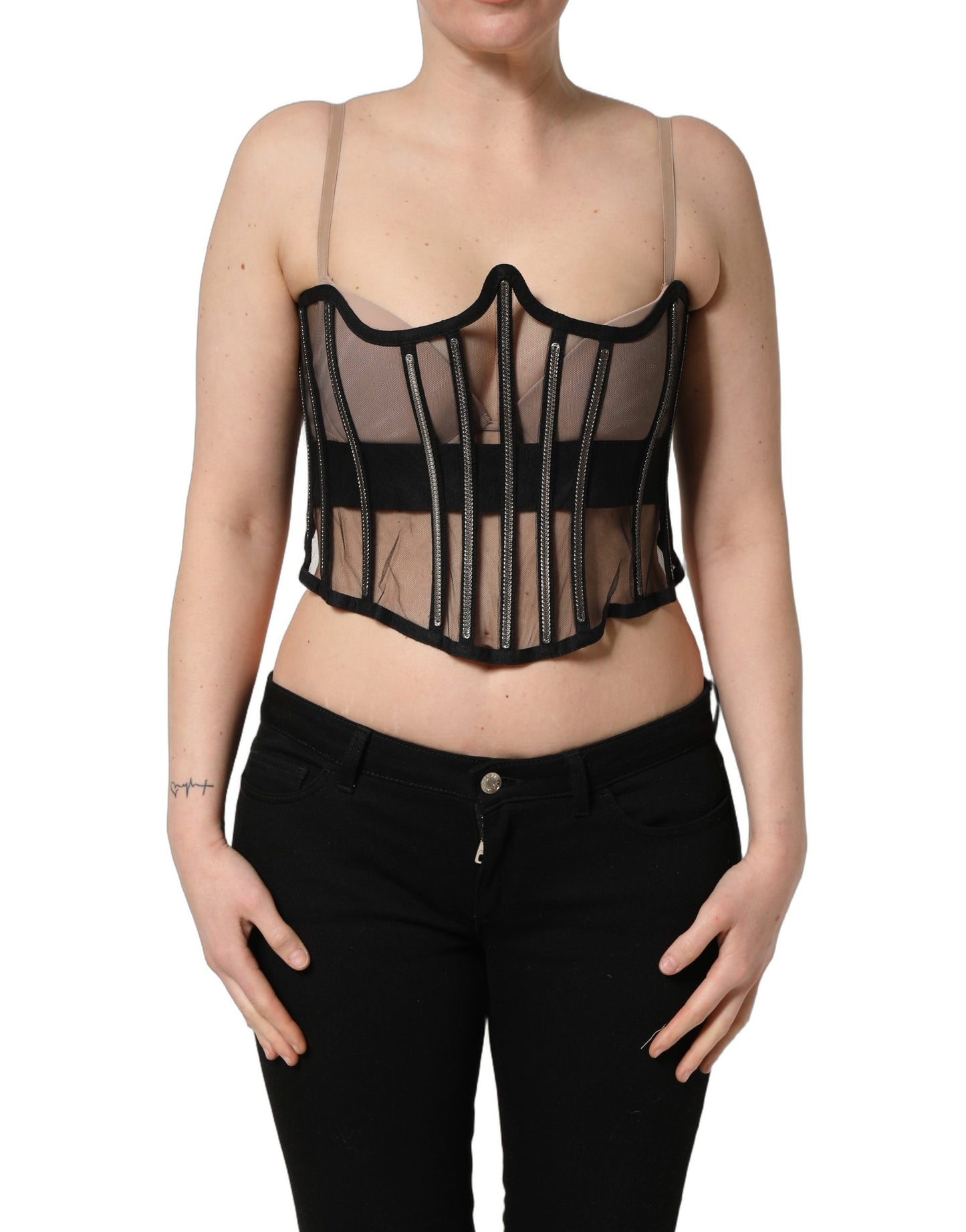 Black Sheer Tulle Bodysuit Cropped Corset Top