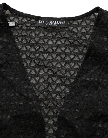 Black Nylon Fishnet Long Sleeve Cropped Top
