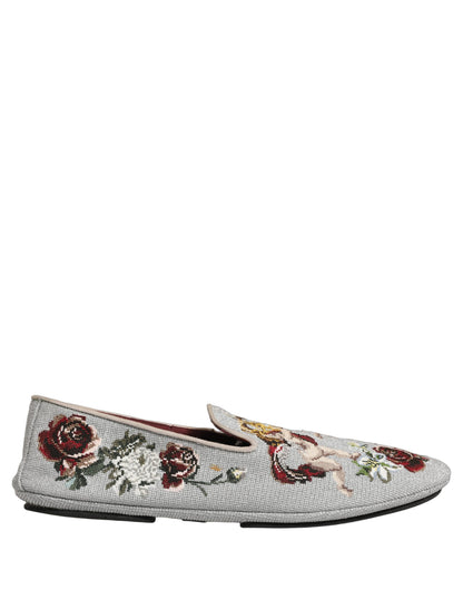 Gray Crown Rose Angel Embroidery Loafer Shoes