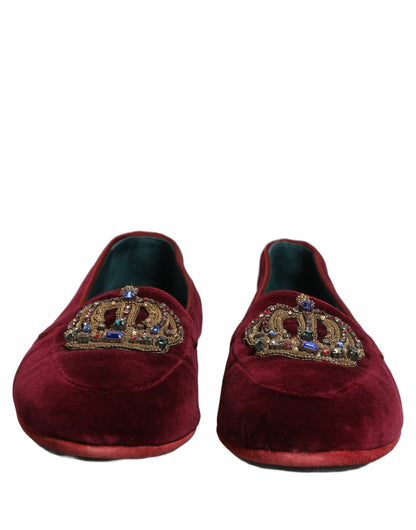 Burgundy Velvet Crown Slip On Loafers Shoes