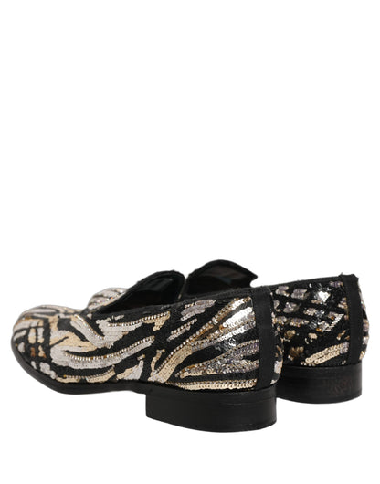Gold Striped Sequin Embellished Loafer Shoes