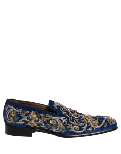 Blue Velvet Embellished Dress Loafers Shoes