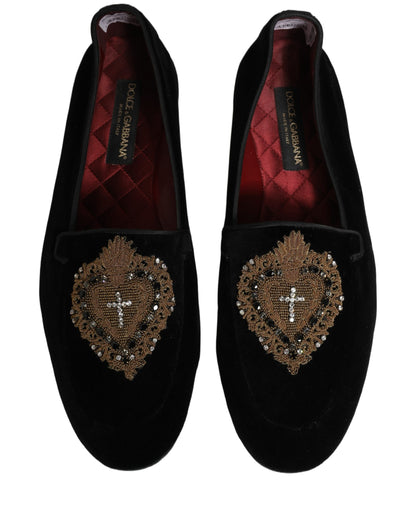 Black Velvet Sacred Heart Dress Loafers Shoes