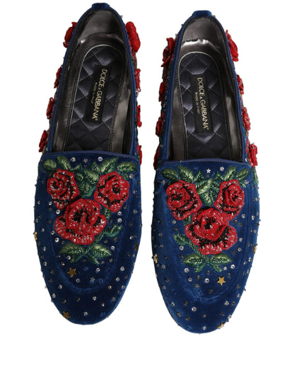 Blue Velvet Floral Slip On Dress Loafers Shoes
