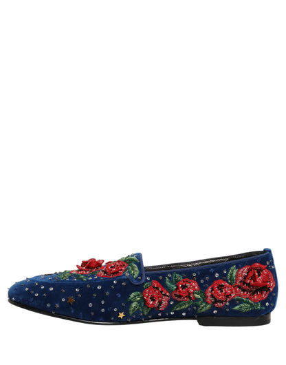 Blue Velvet Floral Slip On Dress Loafers Shoes