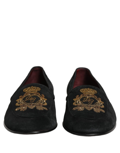 Black Velvet Crown Embroidery Loafers Shoes