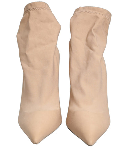 Beige Stretch Socks Heels Ankle Boots Shoes