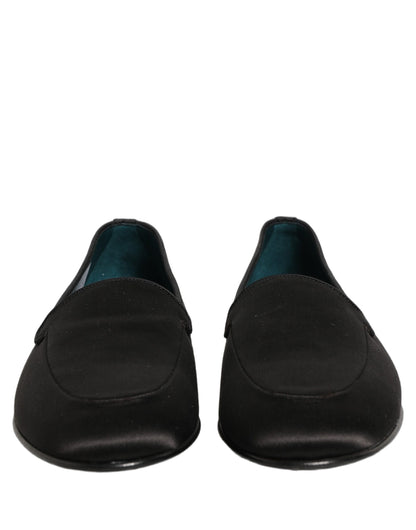 Black Satin Logo Slip On Flats Loafers Shoes