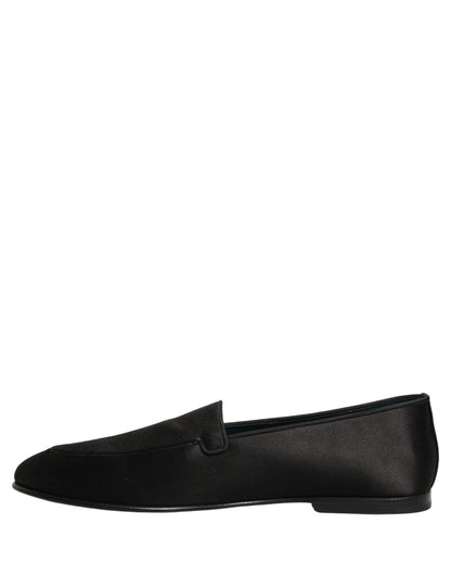 Black Satin Logo Slip On Flats Loafers Shoes