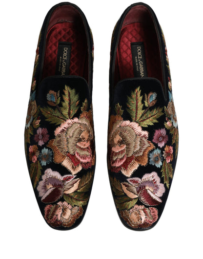 Black Velvet Floral Embroidery Loafers Shoes