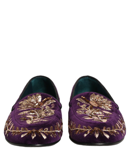 Violet Velvet Floral Embroidery Loafers Shoes