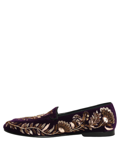 Violet Velvet Floral Embroidery Loafers Shoes