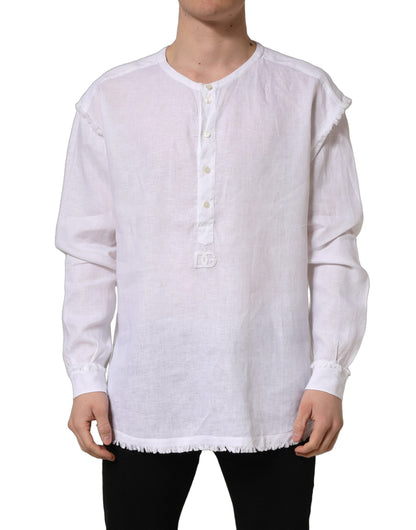 White Linen Logo Long Sleeves Casual Shirt