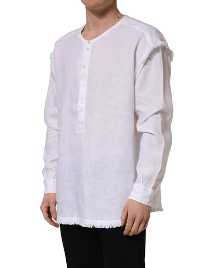 White Linen Logo Long Sleeves Casual Shirt