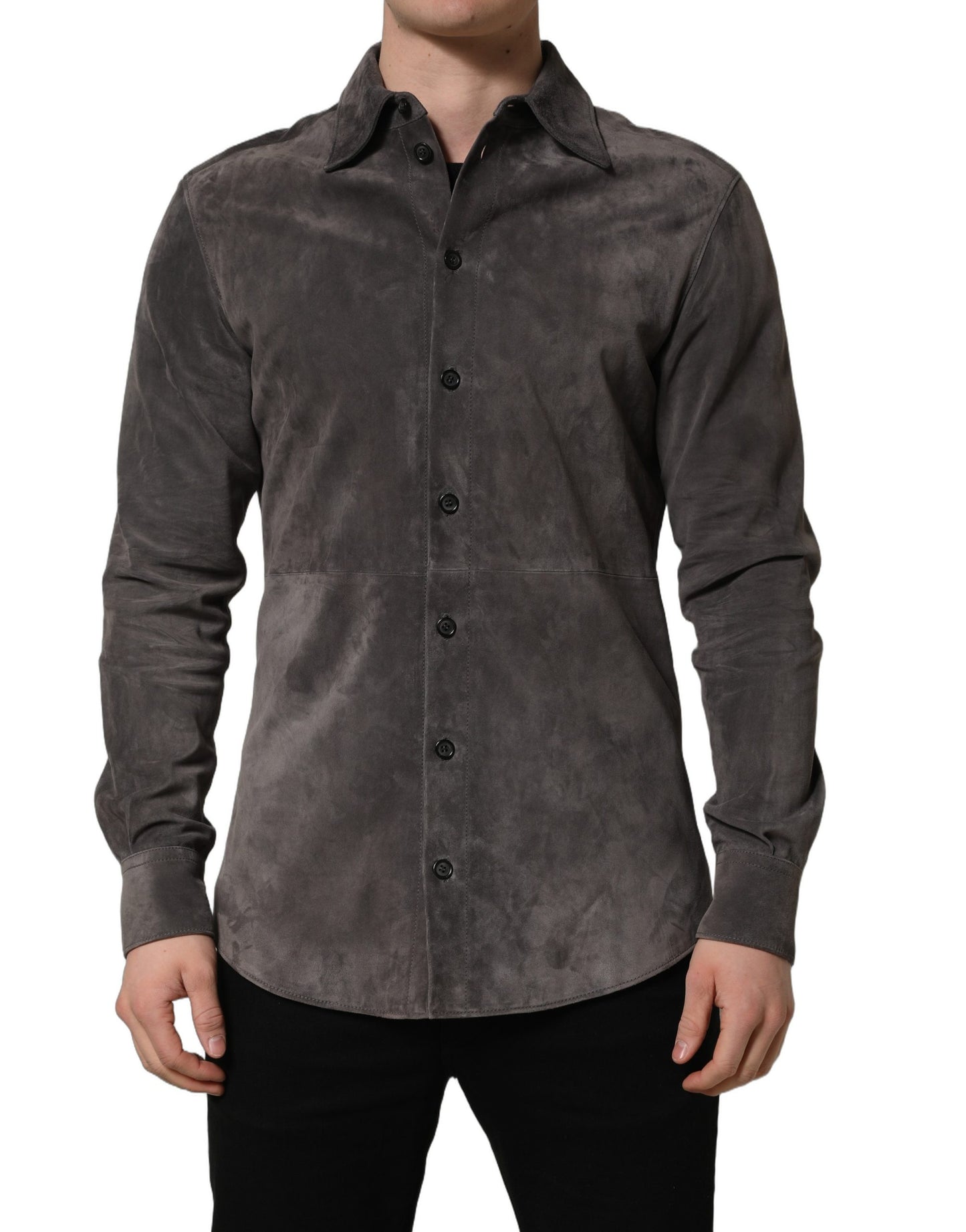 Gray Suede Long Sleeves Button Down Shirt