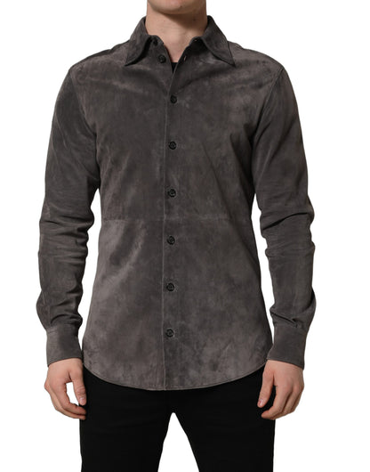 Gray Suede Long Sleeves Button Down Shirt