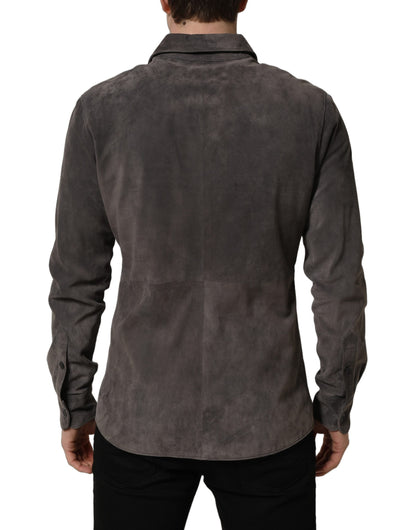 Gray Suede Long Sleeves Button Down Shirt