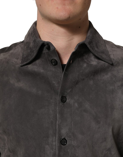 Gray Suede Long Sleeves Button Down Shirt