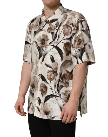 Beige Tulip Print Silk Short Sleeves Shirt