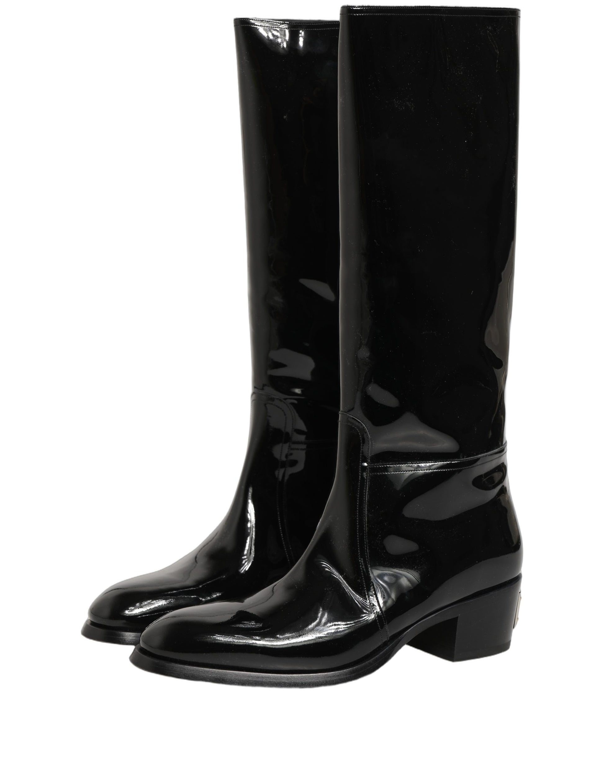 Black Leather Knee High Heels Boots Shoes