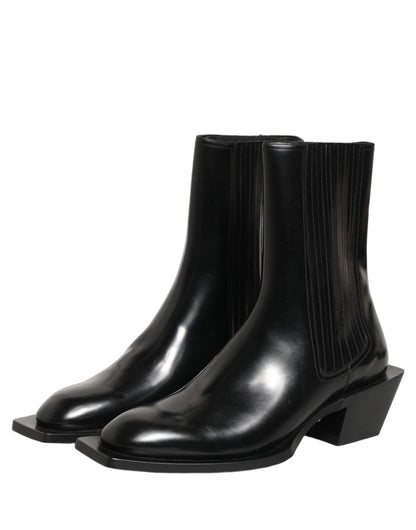 Black Leather Chelsea Mid Calf Boots Shoes