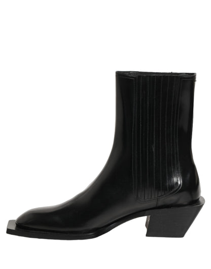 Black Leather Chelsea Mid Calf Boots Shoes