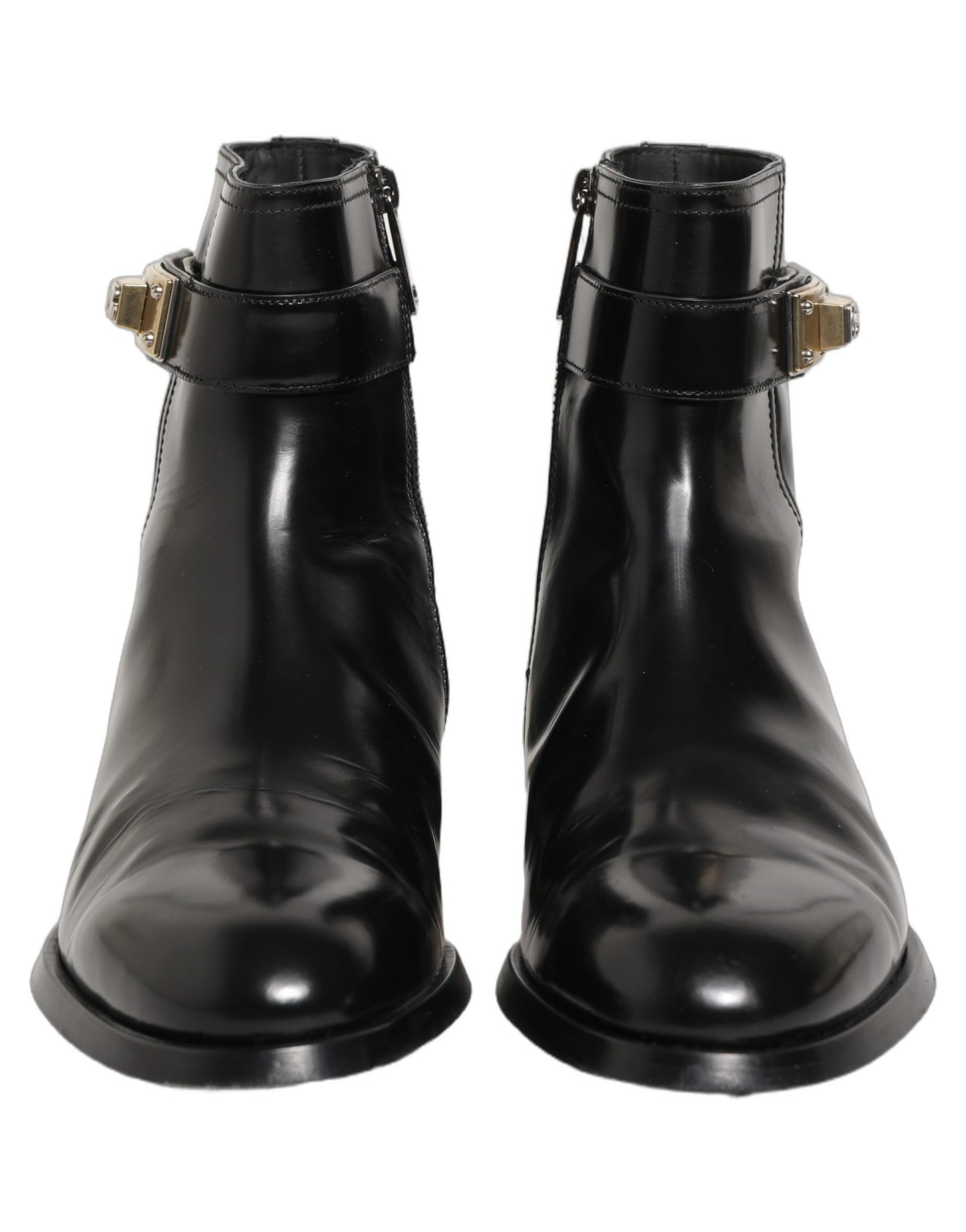 Black Leather Logo Buckle Mid Calf Boots Shoes