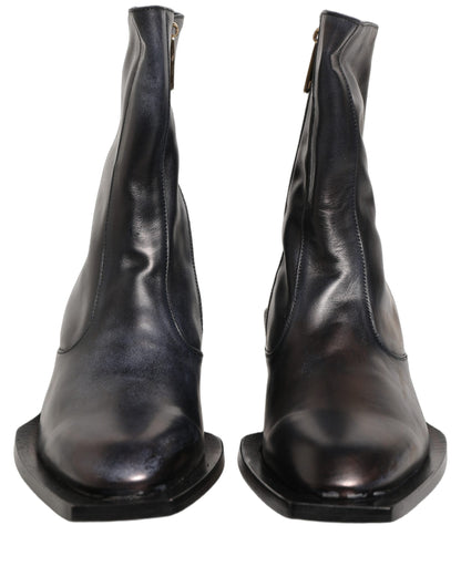 Black Leather Shiny Tex Mid Calf Boots Shoes