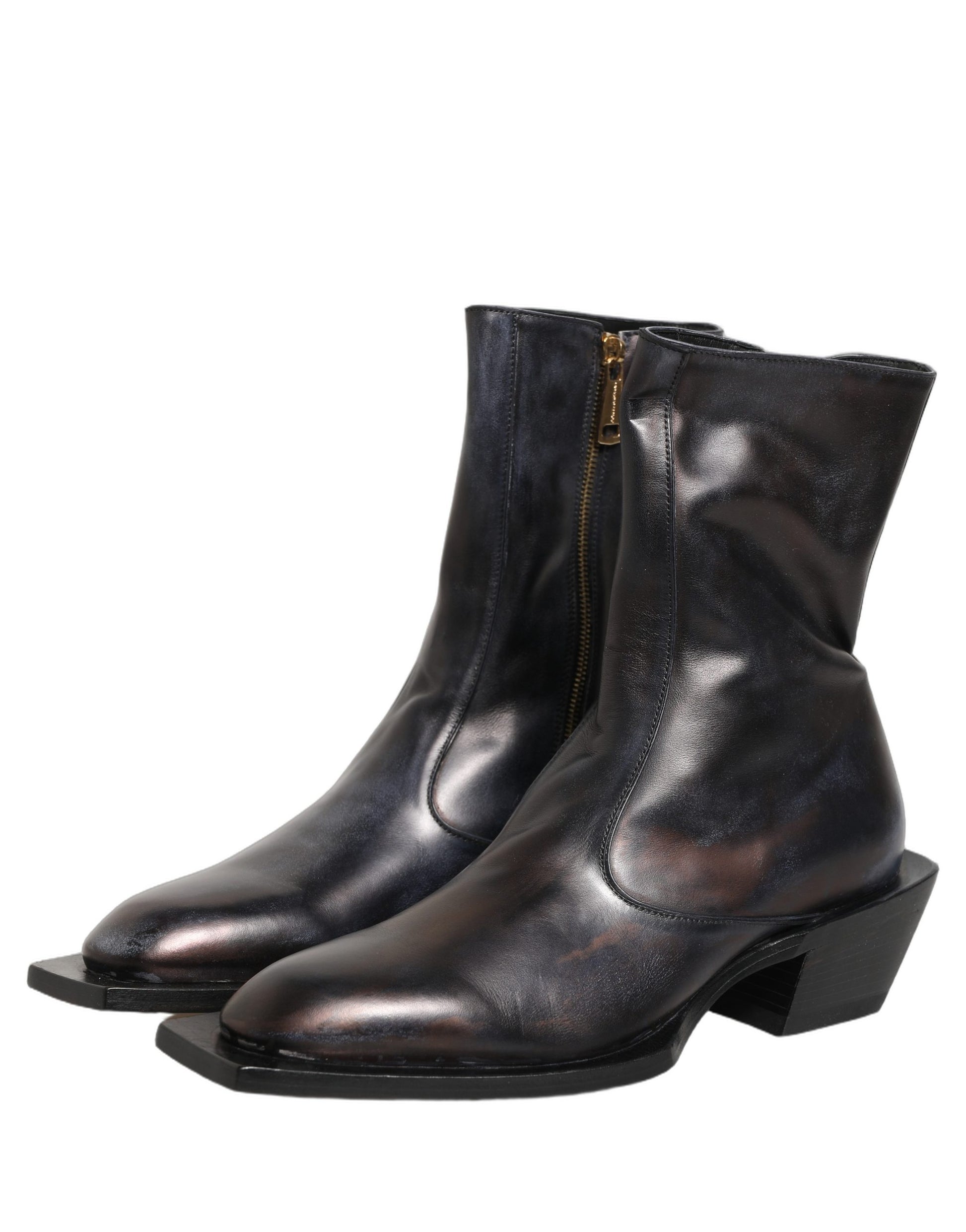 Black Leather Shiny Tex Mid Calf Boots Shoes
