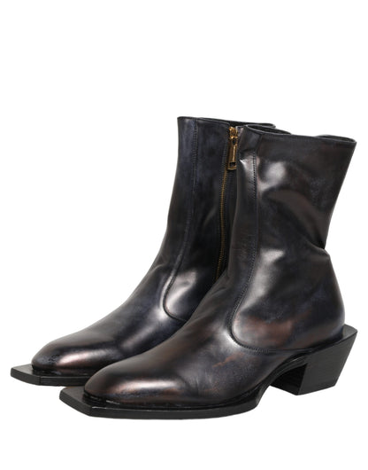 Black Leather Shiny Tex Mid Calf Boots Shoes