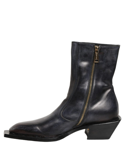 Black Leather Shiny Tex Mid Calf Boots Shoes