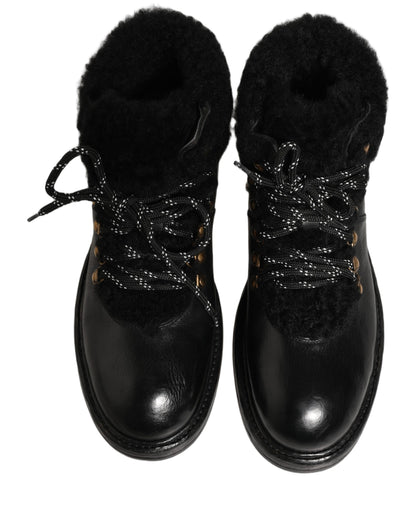 Black Trekking Fur Lace Leather Boots Shoes