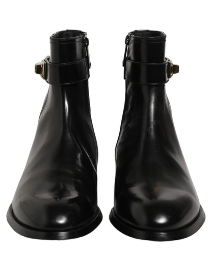 Black Leather Logo Buckle Mid Calf Boots Shoes