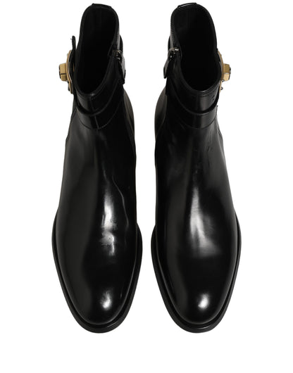Black Leather Logo Buckle Mid Calf Boots Shoes